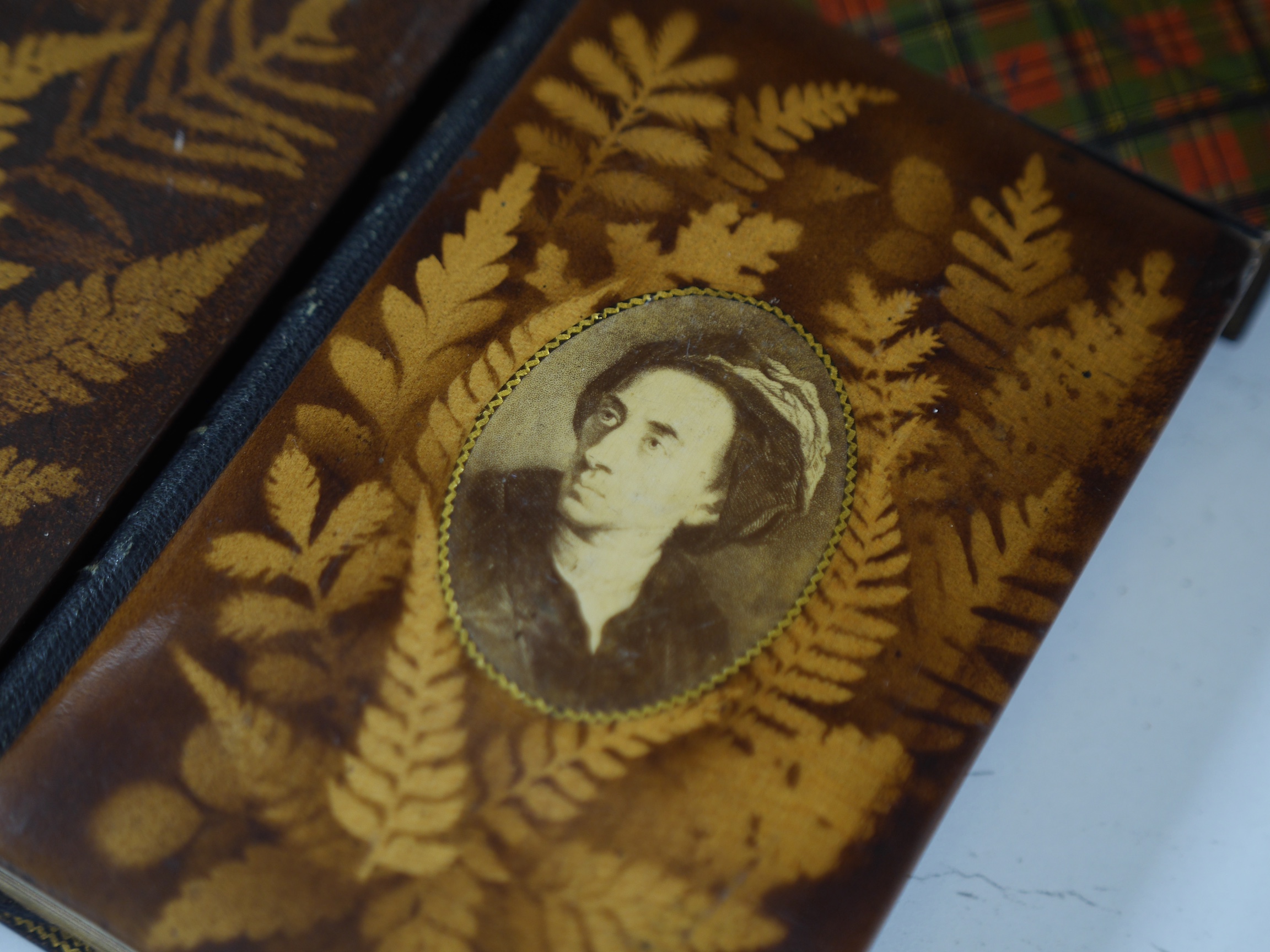 Four Victorian Novelty Bindings; The Poetical Works of Sir Walter Scott in Mauchlineware with vignettes of Rothesay and Pope's Poetical Works in Fernware boards with applied portrait; Scott, Walter - The Lady of the Lake